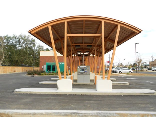 Drive through of the Central branch of Essential Federal Credit Union. Designed by Cockfield Jackson Architects.