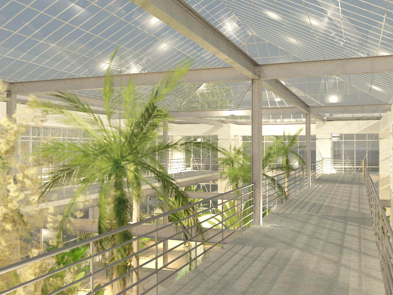 Conceptual design for multi-functional facility with a greenhouse and conservatory. Designed by Cockfield Jackson Architects.