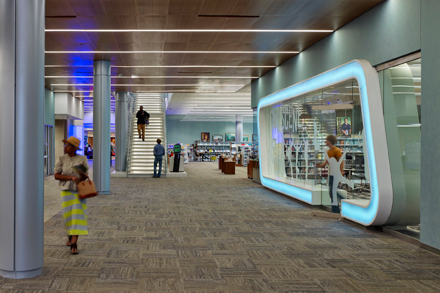 Interior image of East Baton Rouge Parish Library Main branch at Goodwood. Designed by the Library Design Collaborative, including Cockfield Jackson Architects. 