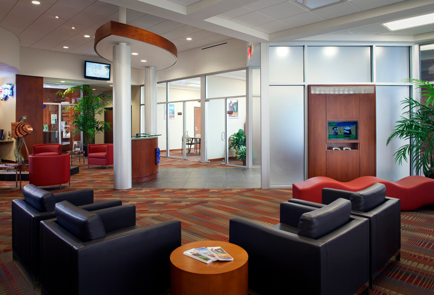 Interior of the Walker branch of Essential Federal Credit Union. Designed by Cockfield Jackson Architects.