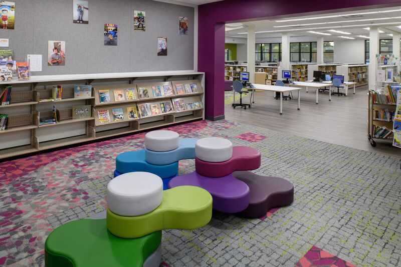 Interior image of East Baton Rouge Parish Library Jones Creek Regional branch. Renovated and updated by Cockfield Jackson Architects. 