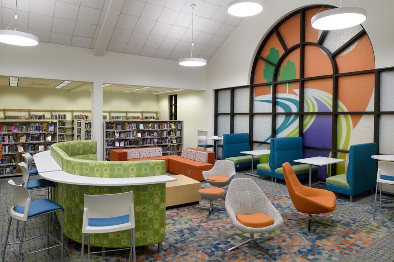 Interior image of East Baton Rouge Parish Library Jones Creek Regional branch. Renovated and updated by Cockfield Jackson Architects. 