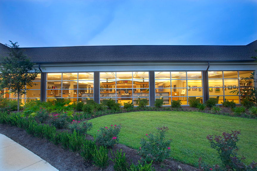 Exterior image of main branch of the Livingston Parish Library. Designed by Cockfield Jackson Architects.