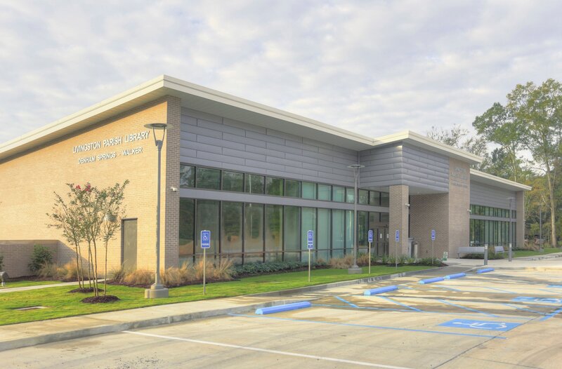 Exterior image of addition to Denham Springs-Walker branch of the Livingston Parish Library. Designed by Cockfield Jackson Architects.