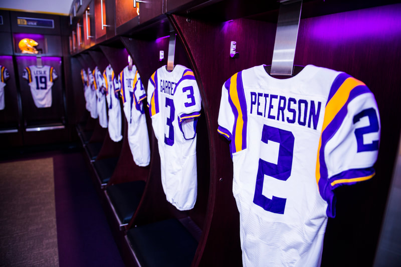 Interior image of LSU Tiger Stadium locker room after renovations completed by Cockfield Jackson Architects.