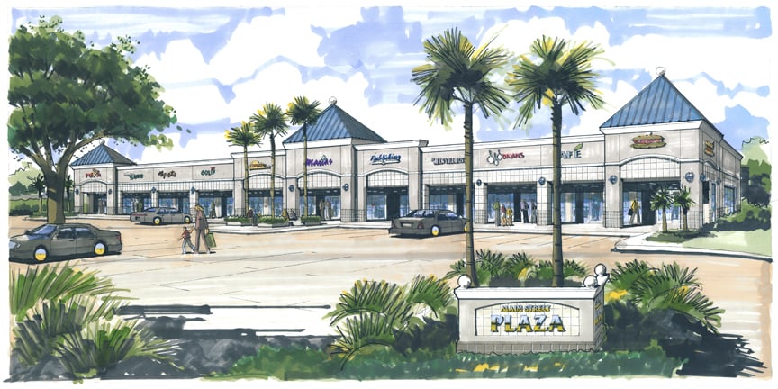 Sketch of Main Street Retail Plaza. Design by Cockfield Jackson Architects.