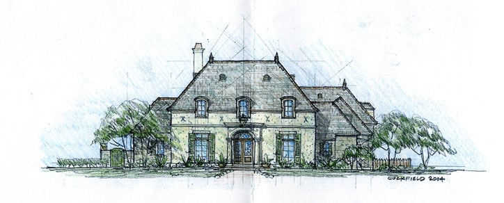 Artistic rendering of house built in the Norman French architectural style. Designed by Cockfield Jackson Architects.