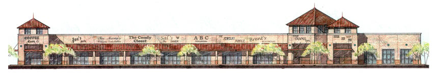 Sketch of Perkins Crossing retail outlet. Design by Cockfield Jackson Architects.