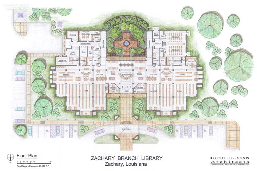 Master plan of East Baton Rouge Parish Library Zachary branch. Designed by Cockfield Jackson Architects. 