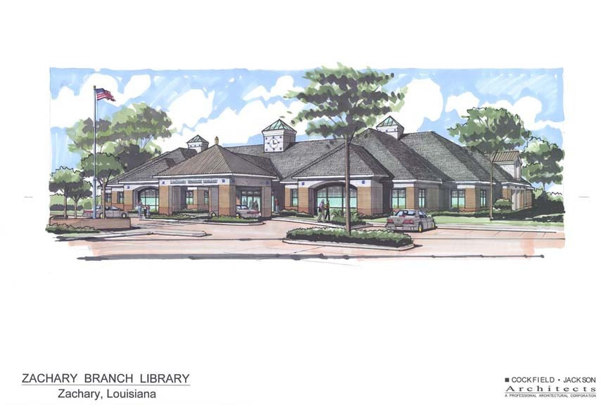 Artistic rendering of East Baton Rouge Parish Library Zachary branch. Designed by Cockfield Jackson Architects. 